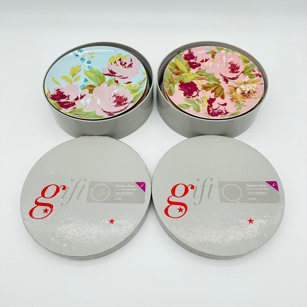 Macy's Garden Party 8" Dessert Plates (8) Multicolor Vintage Style Shabby Rose